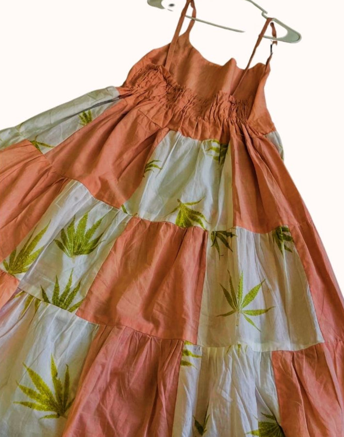 🌺 Bhang Blush – Madder Dye Cannabis Patchwork Cotton Dress
